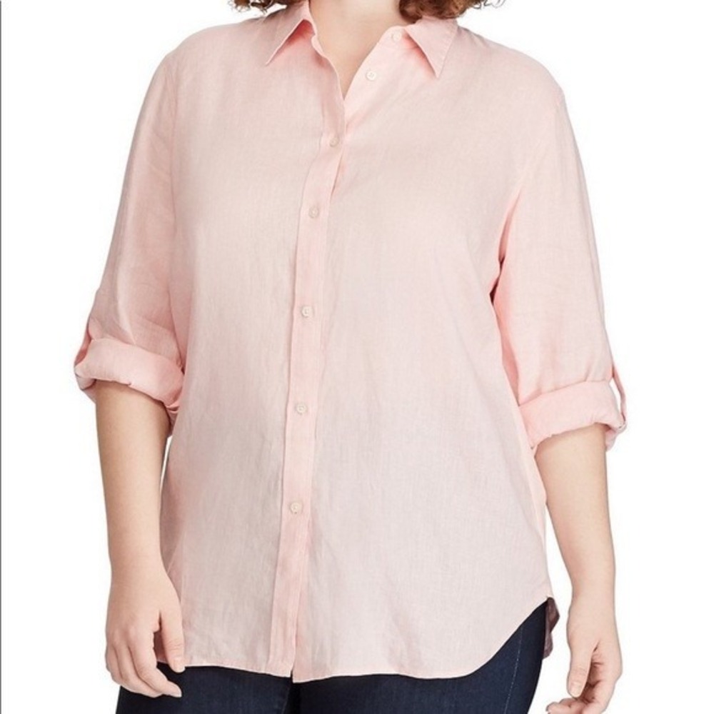 Lauren Ralph Lauren Women's Pink Linen Button Shirt Convertible Roll Tab Sleeves